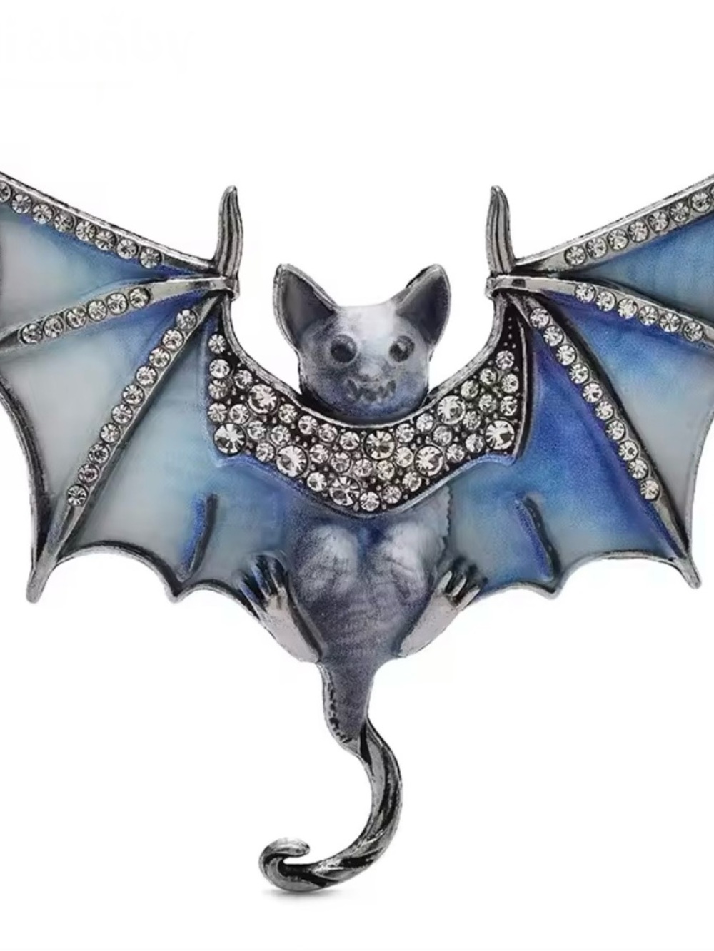 Blue Enamel and Rhinestone Bat Brooch
